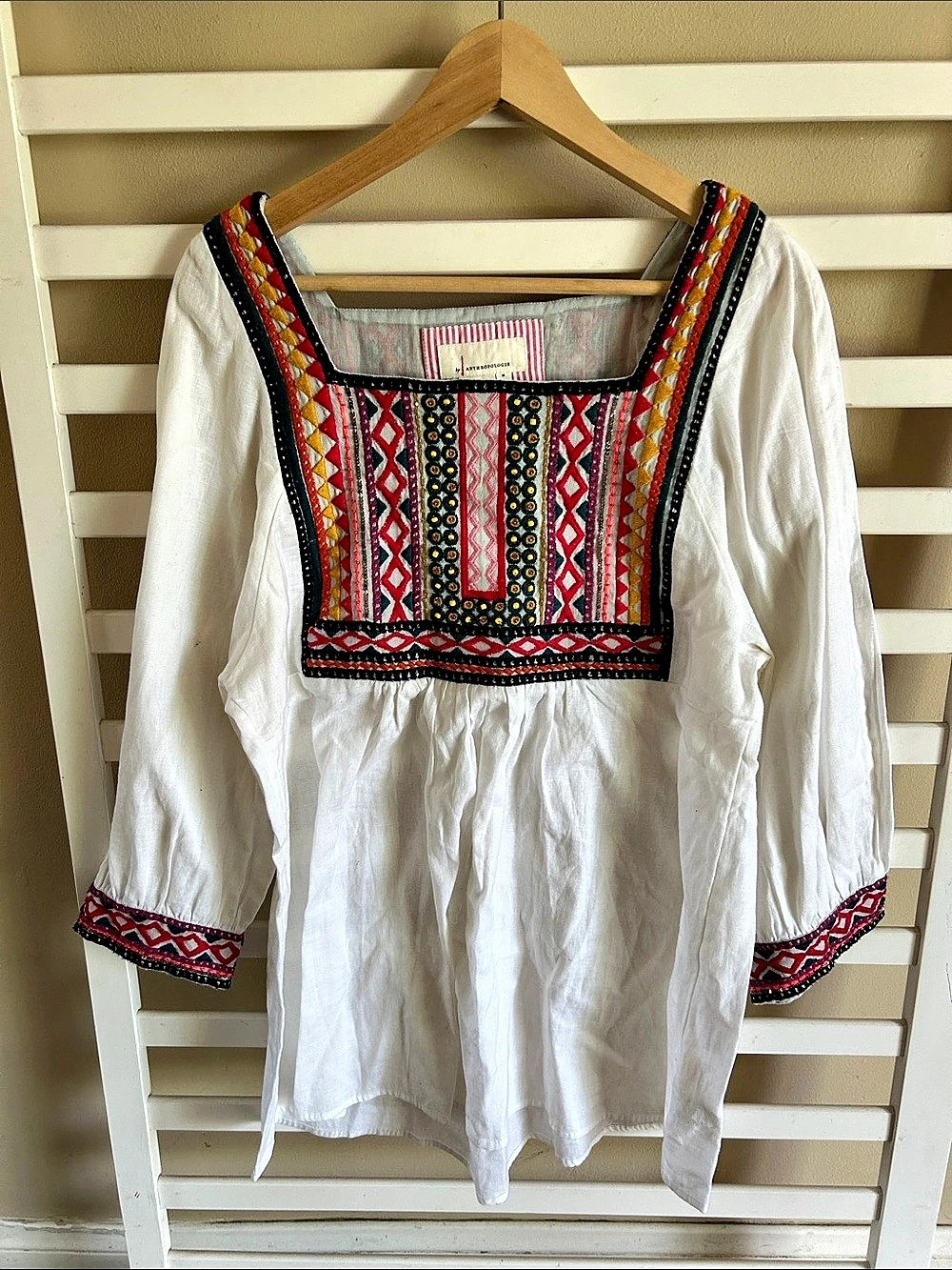 Anthropologie Embroidered Boho Tunic Top Medium White Cotton Linen Mirror Size M